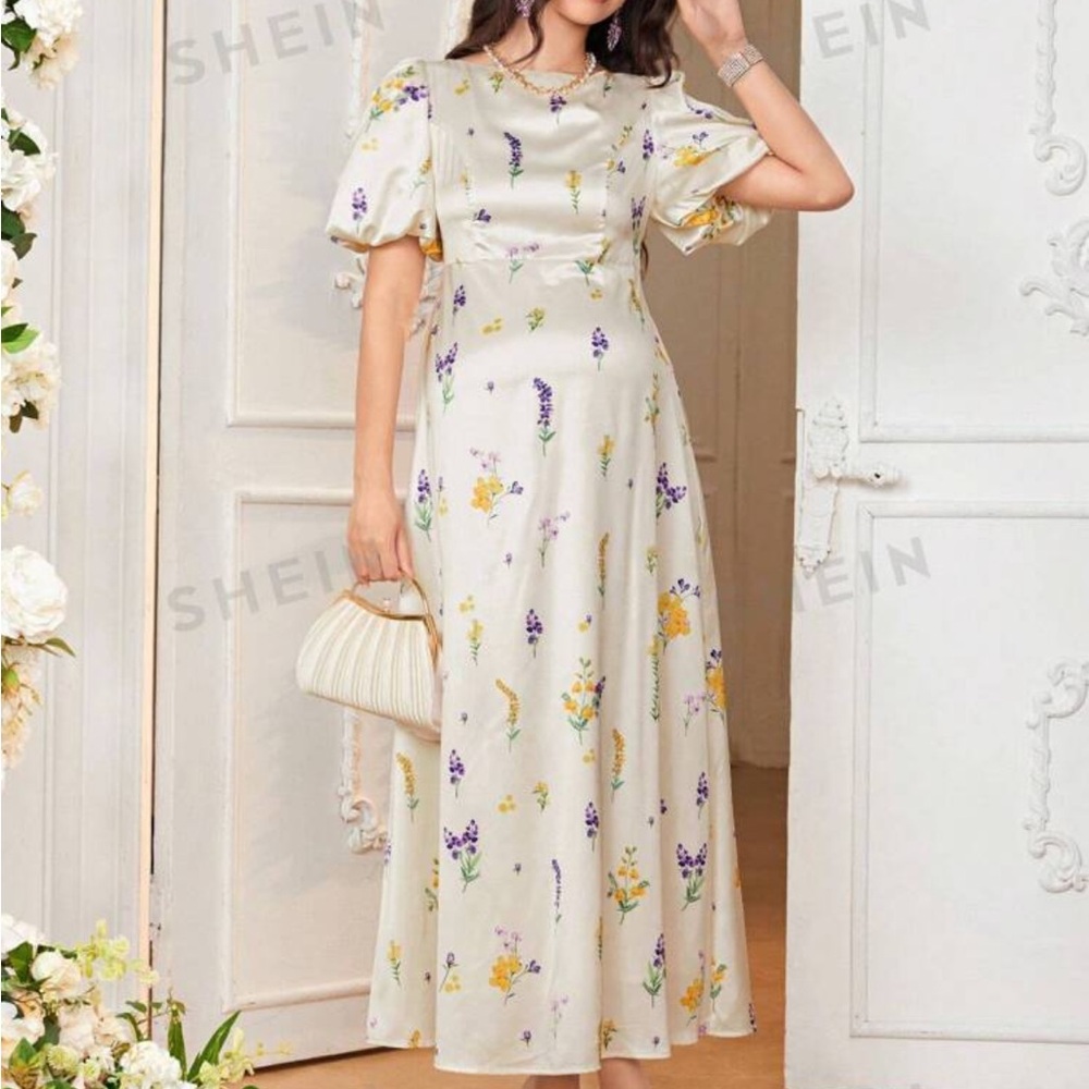 Medium maternity silk dress puff sleeve ivory yellow purple floral dress midi